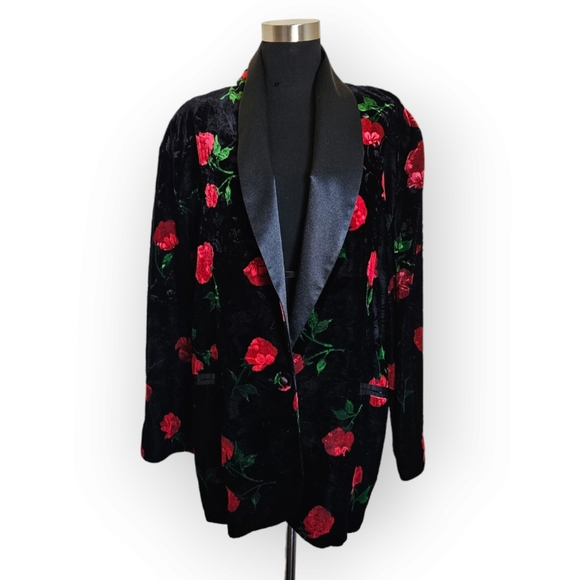 Felicity Barbara Lesser Blazer Black Velvet Rose Print Size L Vintage - Picture 1 of 9
